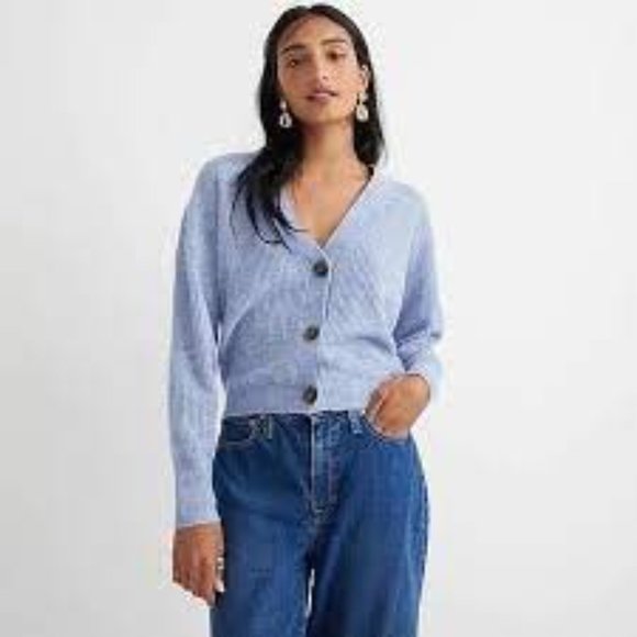 NWT J. Crew Ribbed V-Neck Cropped Cardigan Sweater Blue Heather River XL - Picture 4 of 5